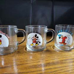 Three Vintage Disney Mickey Mouse Clear Glass Mugs