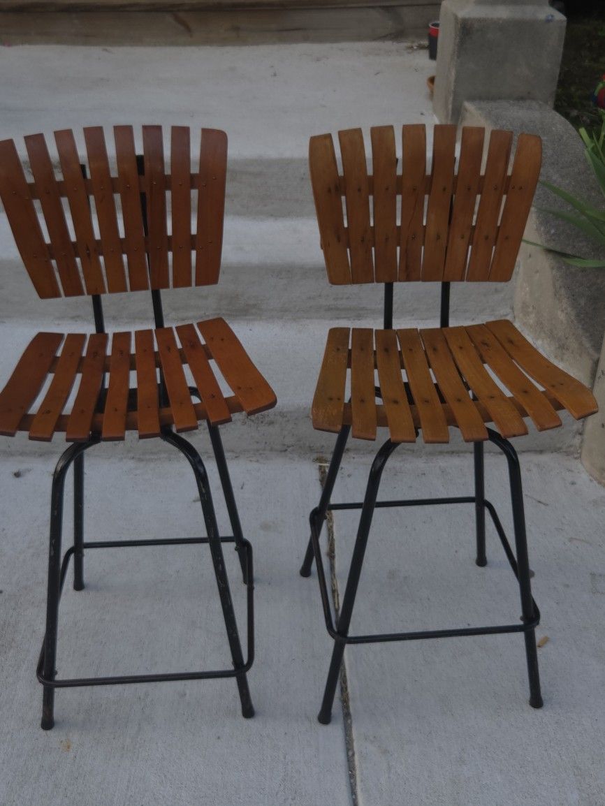 Rare Set Of Arthur Umanoff Vintage MCM Wood Slatted Metal Bar/Counter Stools