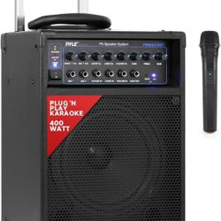 Pyle Wireless Portable PA System-400W Bluetooth Compatible Rechargeable Battery Powered Outdoor Sound Stereo Speaker Microphone Set w/Handle, Wheels-1