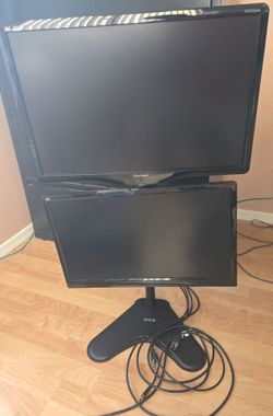 Desktop monitor stand with two monitors and connections