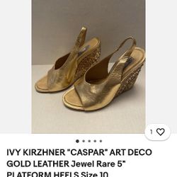 IVY KIRZHNER "CASPAR" ART DECO GOLD LEATHER Jewel Rare 5" PLATFORM HEELS