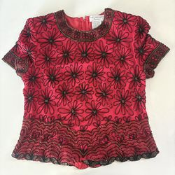 Papell Boutique Evening Size XL Blouse Red Burgundy Beaded Silk Top Short Sleeve