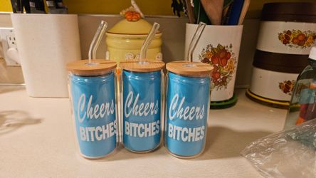 3 New Glass Can Cup w/ Glass straw & Bamboo Lid