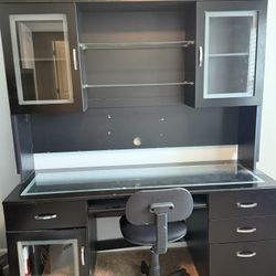 Two Piece Desk With Glass Top And Shelves 
