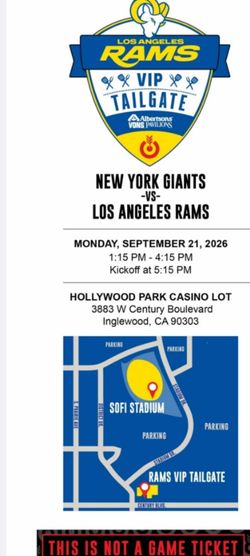 VIP tailgate Rams vs Giants 9/21 Monday