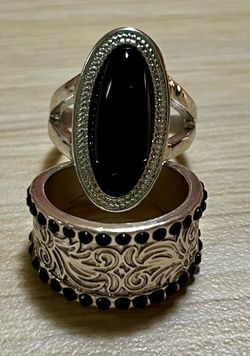 Silver-Tone Black Stone Ring Set of 2