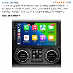 10.2 Inch Upgrade Car Radio(4Ram 64Rom) Stereo Android 13 for Jeep Wrangler JK 2007-2018/Dodge Ram 2009-2012 with CarPlay Android Auto 1080P Backup Ca