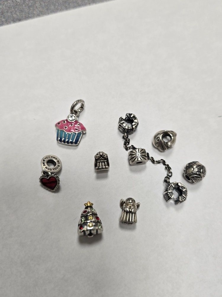 Pandora Safety Chain, spacers, charms, dog, dolphin, Christmas tree, angel, butterfly etc retired
