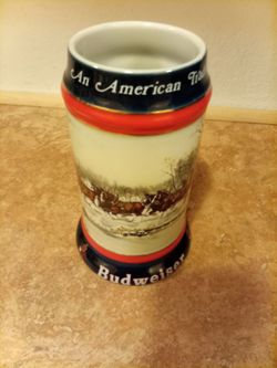 classic 1990 Budweiser Holiday Beer Stein, titled "An American Tradition."