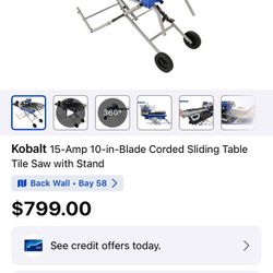 Kobalt 15 AMP 10 - In - Blade Corded Sliding Table Tile Saw
