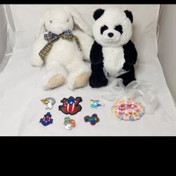 Vintage Stuffed Bear And Panda With 6 Patches That Iron On And Handmade Beads