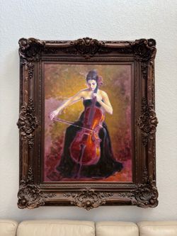Framed Oil Painting Woman Playing Cello