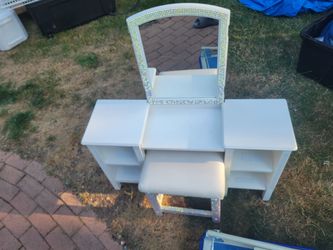 Custom Rhinestoned White Vanity Table with Mirror and Stool