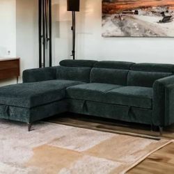 SECTIONAL SOFA W SLEEPER & STORAGE GREEEN IR GREY CHENILLE