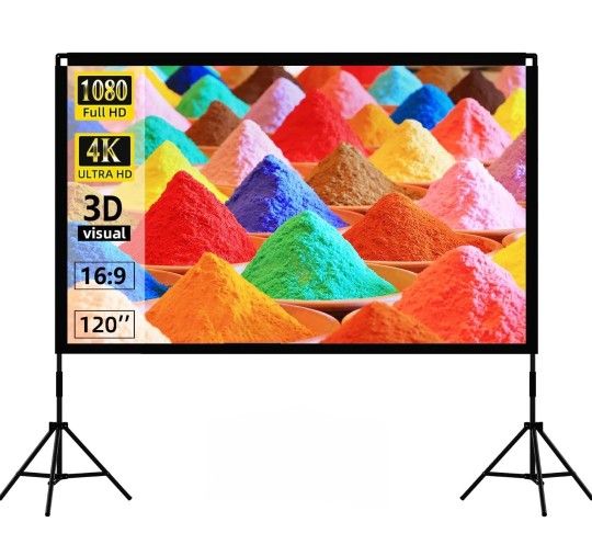 Projector Screen with Stand, 120 inch Portable Movie Screen Indoor Outdoor 16:9 HD Front Rear Projection Screen with Carry Bag Wrinkle-Free and Foldab