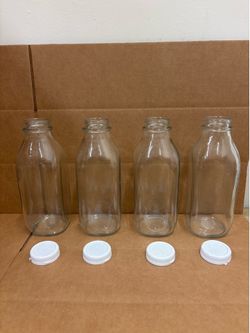 New 4-Pack of Clear Glass Milk/Drink Bottles with Lids