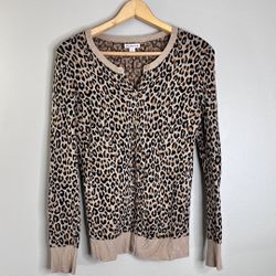 Merona Small Black Tan Orange Cheetah Print Button Down Knit Cardigan Sweater