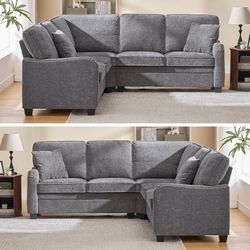 L Shaped Sectional Couch, Small Corner Sofa for Living Room, Comfy Chenille Sofa with Nailhead Trim Arms, 3 Throw Pillows, Convertible Sectional Couch