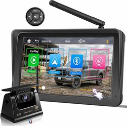Wireless Backup Camera for Trucks - 7" Portable Apple CarPlay Android Auto Touchscreen Monitor - 10000mAh Solar Magnetic Rear View Camera for Heavy Du