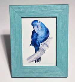 Teal Coastal Frame Blue Parrot Watercolor Print 5x7 Tropical Bird Décor