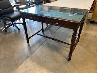Red Wood Flutted Leg Glass Top Desk