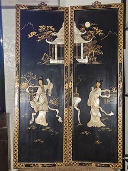 Vintage Asian black lacquer wall panels