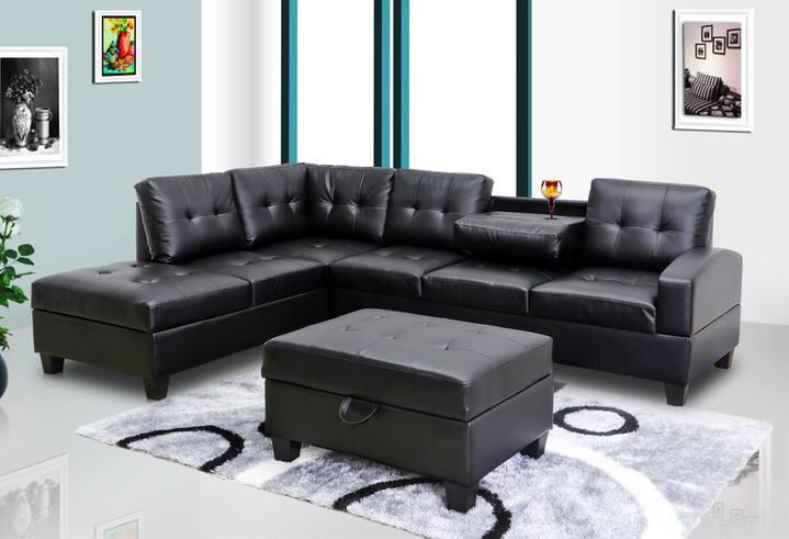 Black Leather Sectional With Storage Ottoman