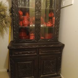 Solid Pine Heavy Pine China Cabinet, Wood Carvings