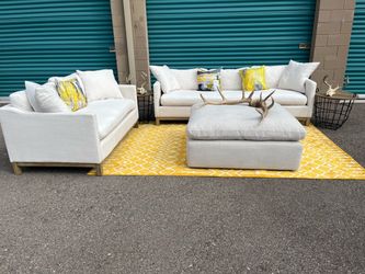 Modern White Linen Sofa Set with Ottoman