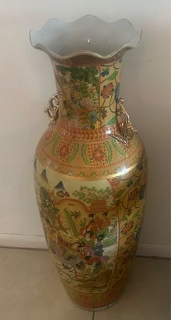 Two - 36” Satsuma-Style Porcelain Floor Vase