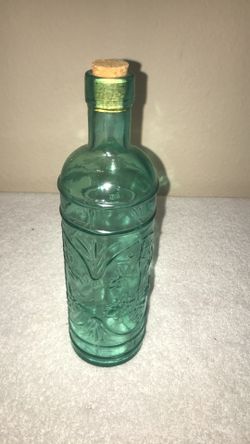 Vintage COLLECTIBLE Pale Green Glass Bottle w/ Decorative Embossed Grape Pattern