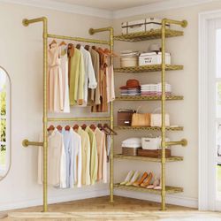 L2 Wall Mounted Closet System, Industrial Pipe Clothing Rack Clothes Racks with 2 Telescopic Rod & 6 Shelves, Heavy Duty Closet Organizers System in W