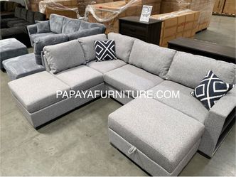 Reversible New Plush Sectional Sofa, Fabric Couch, Grey Sofa, Gray Couch, Sectional with built-in Shelves armrest, Sectional and Ottoman, Storage Otto