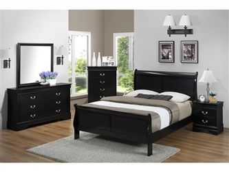 Brand new black queen bed frame + dresser + mirror + nightstand