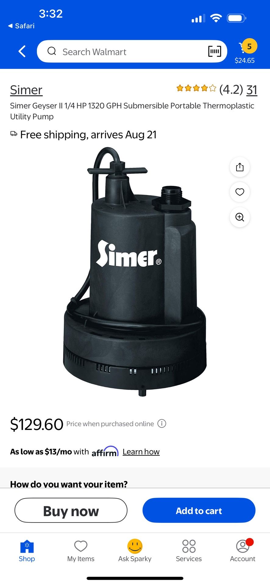 Simer 1/4 gyser series submersible pump