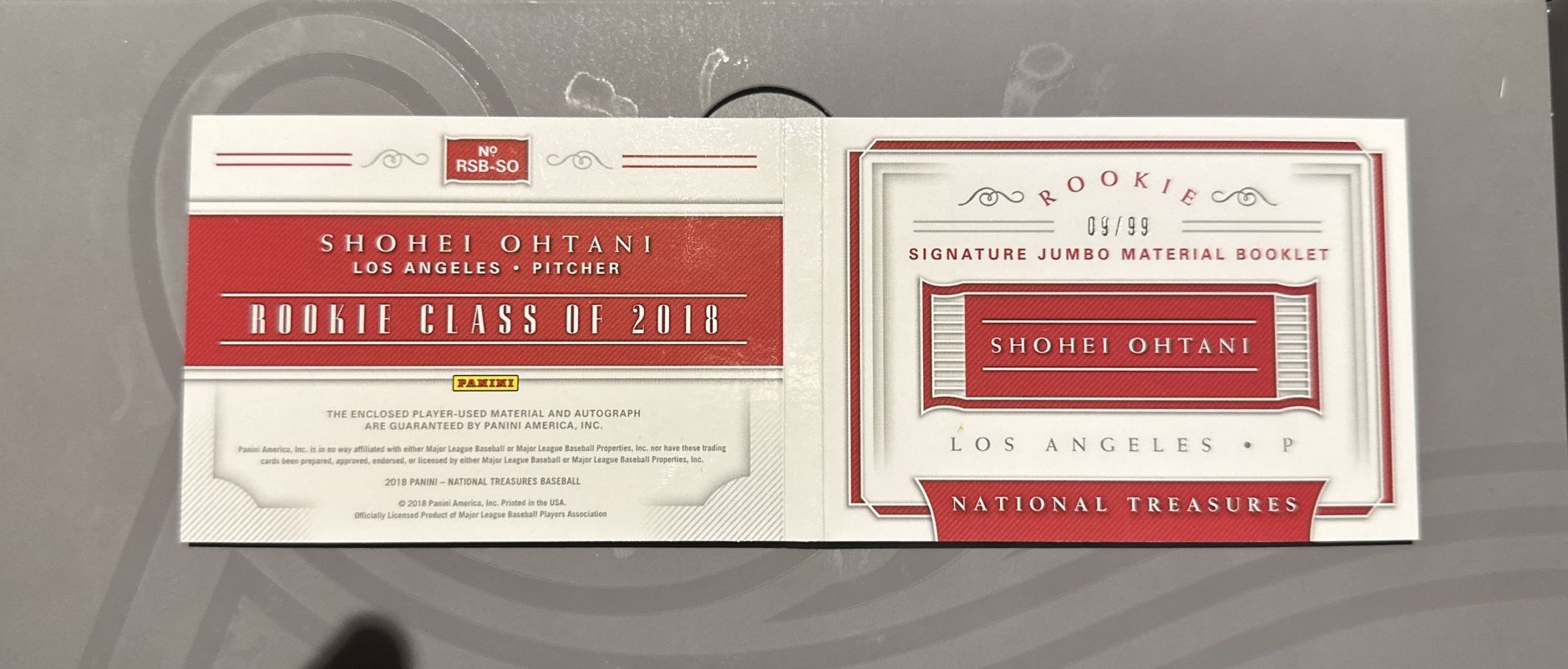 2018 National Treasures Shohei Ohtani Auto RC Booklet # 9/99