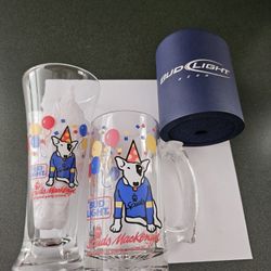 Bud Light Spud McKenzie 2pc drinking glass set plus a can coozie Bud Light