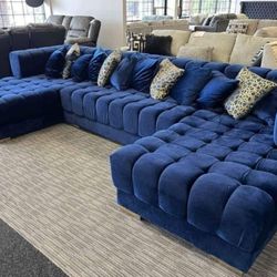 Brand New// Blue Velvet Double Chaise Sectional,seccional, Couch// Delivery Available 