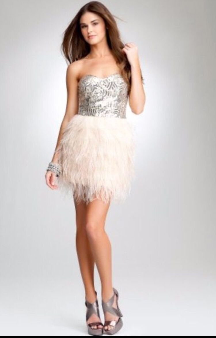 Bebe Isis Sequin Feather Dress in Dove Gray XXS