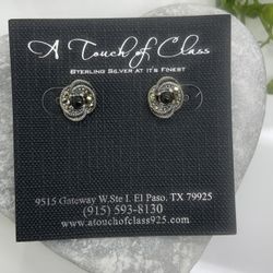 925 Silver Marcasite Earrings Onyx 