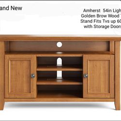 Brand New Amherst 54 in Light Golden Brown Wood TV Stand Fits TVs Up 60" With Storage Doors