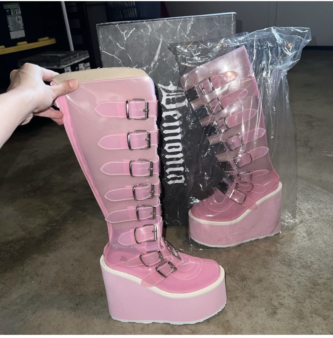 Demonia Clear Pink Trinity Buckle Boots