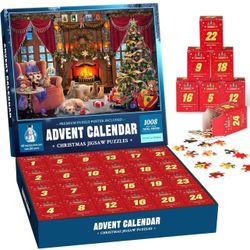 Christmas Puzzle Advent Calendar - Christmas Festive Fireplace Jigsaw Puzzles 24 Parts 1008 Pieces Puzzles for Kids Teens Adults 1008 Pieces Holi