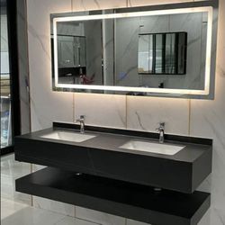 72" Floating Bathroom Vanity Set Double Sink White/Black/Gray (W/ Faucet, LED Mirror) 