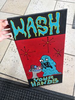 Funny Blob Monster "Wash Your Hands" Canvas Wall Art