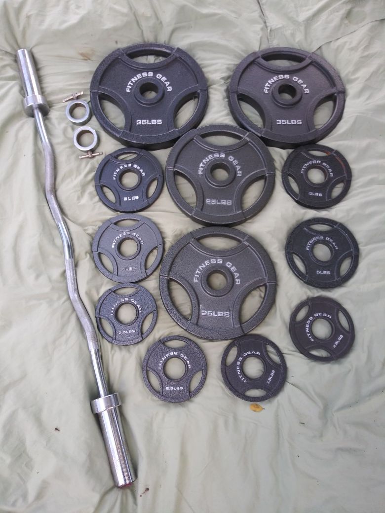 OLYMPIC PLATES ( 35s 25s. 5s. & 2.5s) & CURL BAR