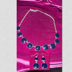 Blue Enamel Silver-Tone Necklace and Earring Set