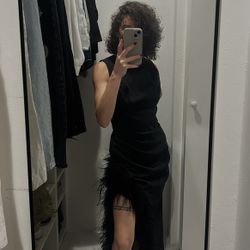 Black Ruched High-Low Sheath Dress with Feather Trim