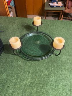 **Vintage Pomeroy Collection 3-Candle Centerpiece – 14” Glass Tray **