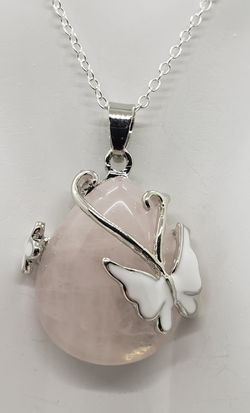 Natural Rose Quartz Butterfly Silver Necklace
